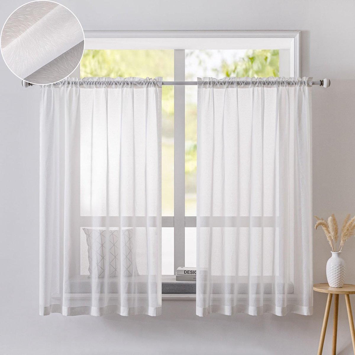Ibenzoa Set van 2 Elegante Voile Vitrage Gordijnen voor Kleine Ramen in Keuken en Woonkamer Wit