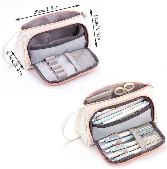 Amythe Pennenetui voor meisjes met 4 vakken, groot etui voor tieners, schattig pennenetui met cartoon-badge, draagbare etui voor school en kantoor, blauw, 20.5 x 9 x 11 cm, Etui