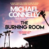 Boekomslag van 'The Burning Room' van Michael Connelly. Tekst: 'A BULLET TAKES TEN YEARS TO FIND ITS MARK. NOW HARRY BOSCH MUST FIND THE KILLER. MICHAEL CONNELLY READ BY TITUS WELLIVER THE BURNING ROOM 'A SLICE OF CLASSY, CLEVER, PAGE-TURNING STUFF' OBSERVER'. Zonsondergang met palmbomen.