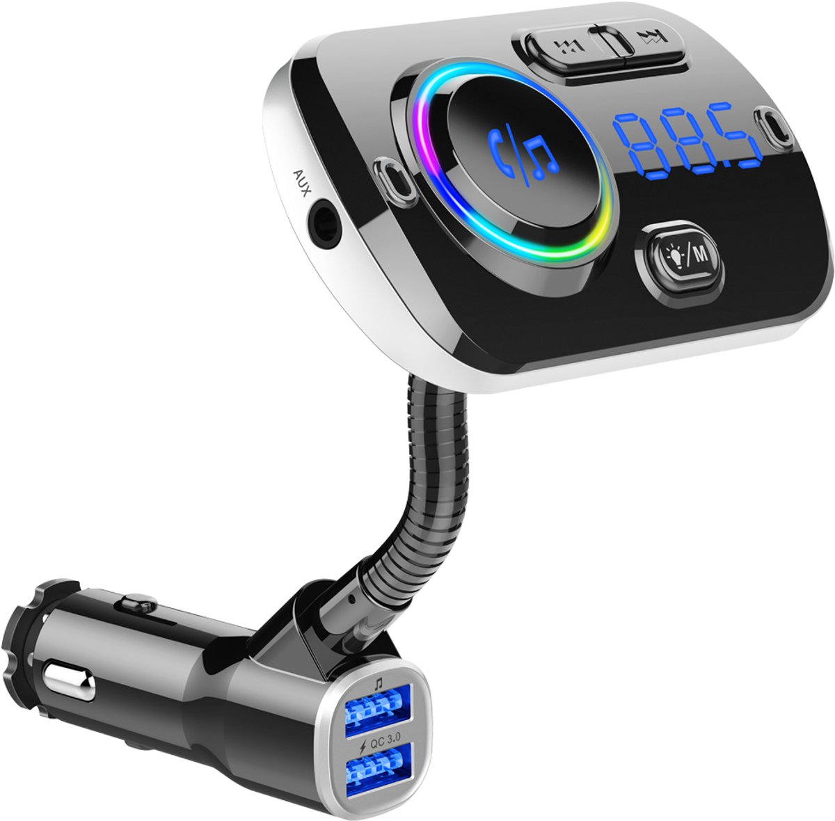 Draadloze FM-zender voor de auto LED 7 kleuren QC3.0 snellader
