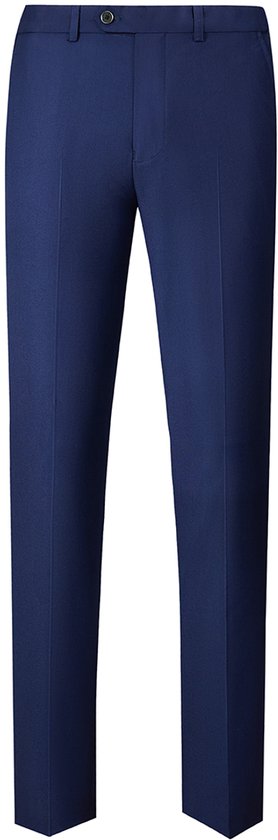 Donkerblauwe pantalon met één knoop en riemlussen.