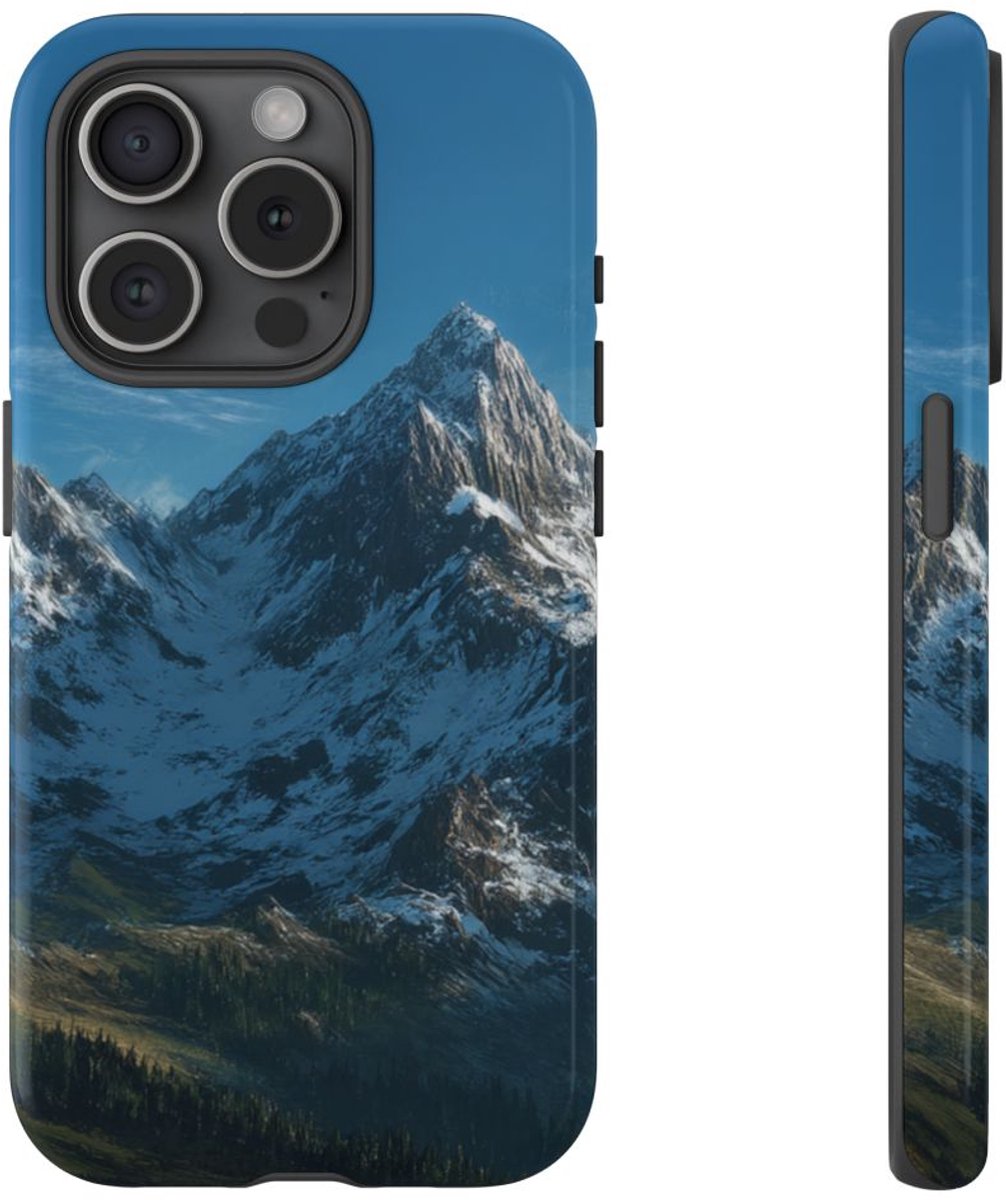 Berglandschap met Besneeuwde Toppen – Telefoonhoesje Geschikt voor iPhone 15 Pro