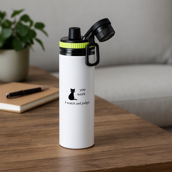 Hacebo® - you work I watch and judge waterfles met draaidop groen - Quotes - mensen die houden van quotes - kat - quotes - verjaardagscadeau - verjaardag - cadeau - kado - geschenk - gift - water fles - 850ML