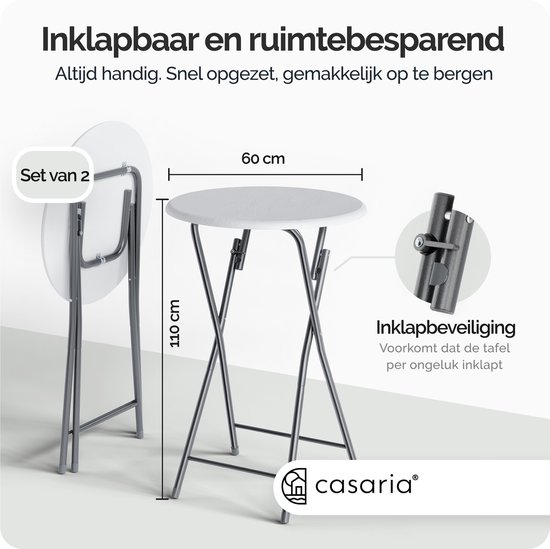 Table haute blanche pliable de 60cm de diamètre et 110cm de hauteur, avec une table pliée à côté. Détail de sécurité de pliage.