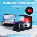 Laadstation met 10 apparaten aangesloten, inclusief laptops en tablets. Met een rode aan/uit schakelaar.