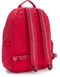 Dos d'un sac à dos Kipling rouge avec deux sangles grises rayées et des boucles.