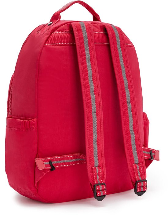 Dos d'un sac à dos Kipling rouge avec deux sangles grises rayées et des boucles.