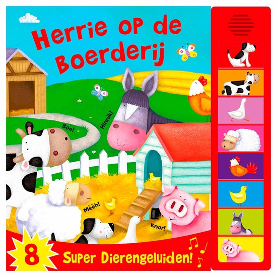 Een vrolijk kinderboek met boerderijdieren, waaronder een koe, varken, schaap, ezel en kip, met geluidsknopjes.