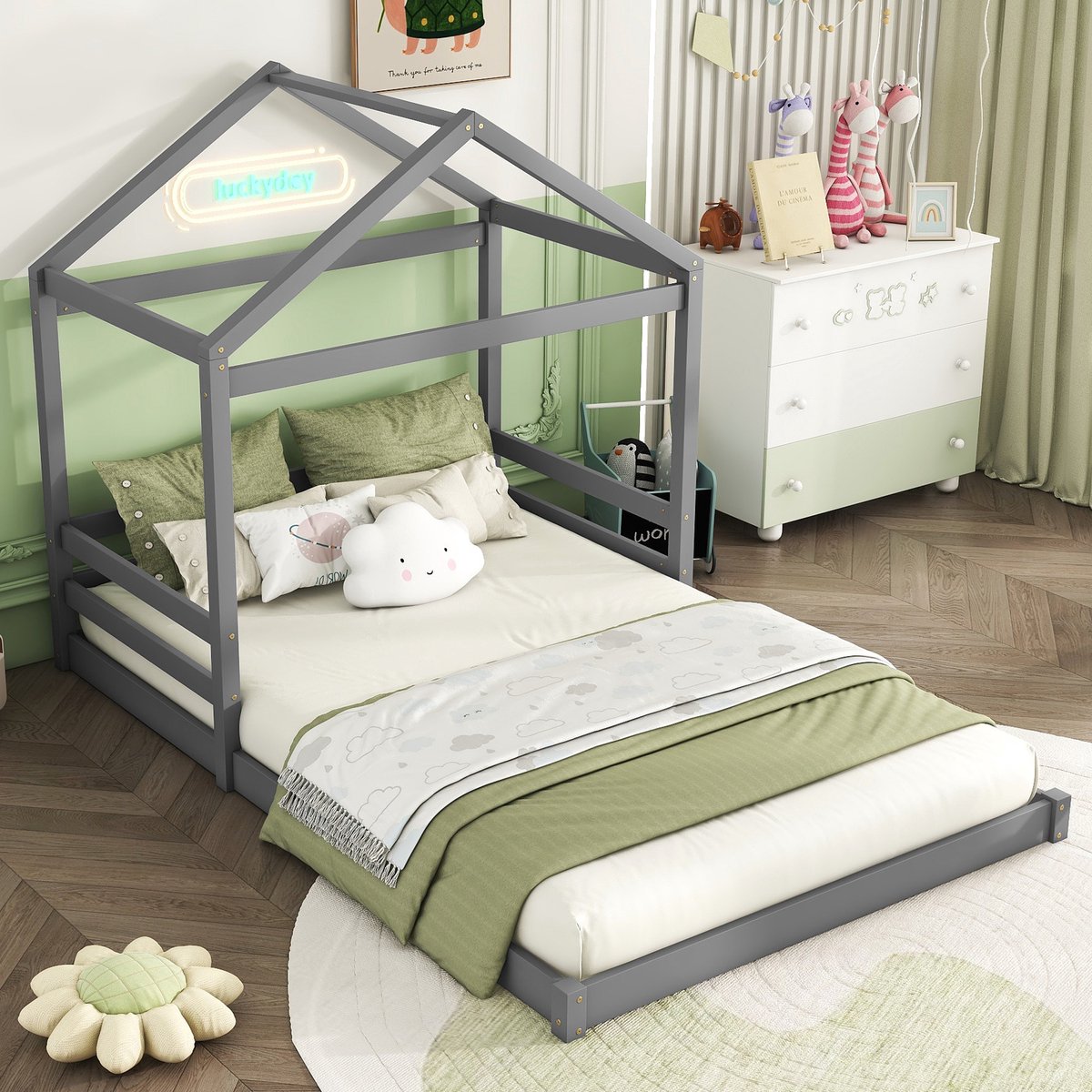 Merax Homebed - kajuitbed - 140 x 200 cm - huisvorm kinderbed met lattenbodem - zonder matras - grenen - grijs