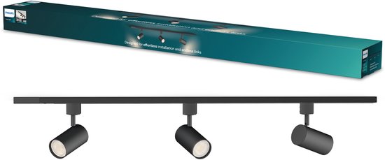 Emballage et éclairage sur rail noir avec trois spots, de Philips.
