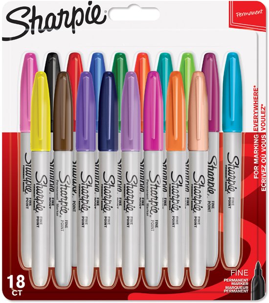 Verpakking met 18 Sharpie fijne punt permanente stiften in diverse kleuren.