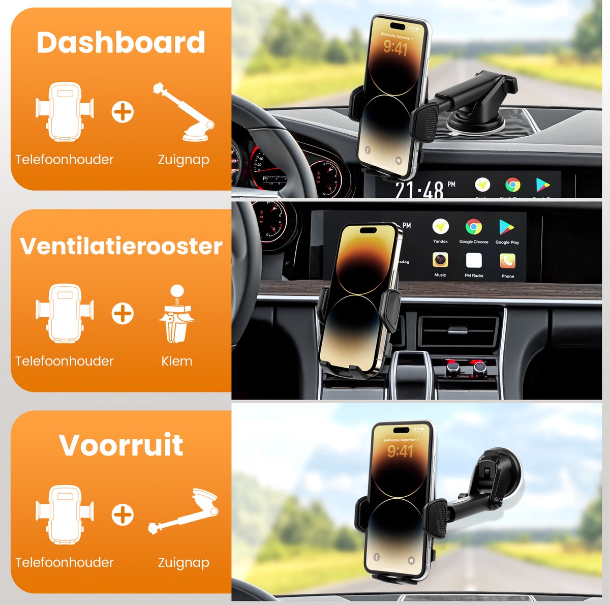 Telefoonhouders Auto met Zuignap - 3 in 1 Autohouder voor Dashboard, Voorruit & Ventilatie - Mobiel Houder Auto - GSM Houder Auto - Universeel en Verstelbaar - Zwart — cadeau in Cadeau-ideeën - foto 7