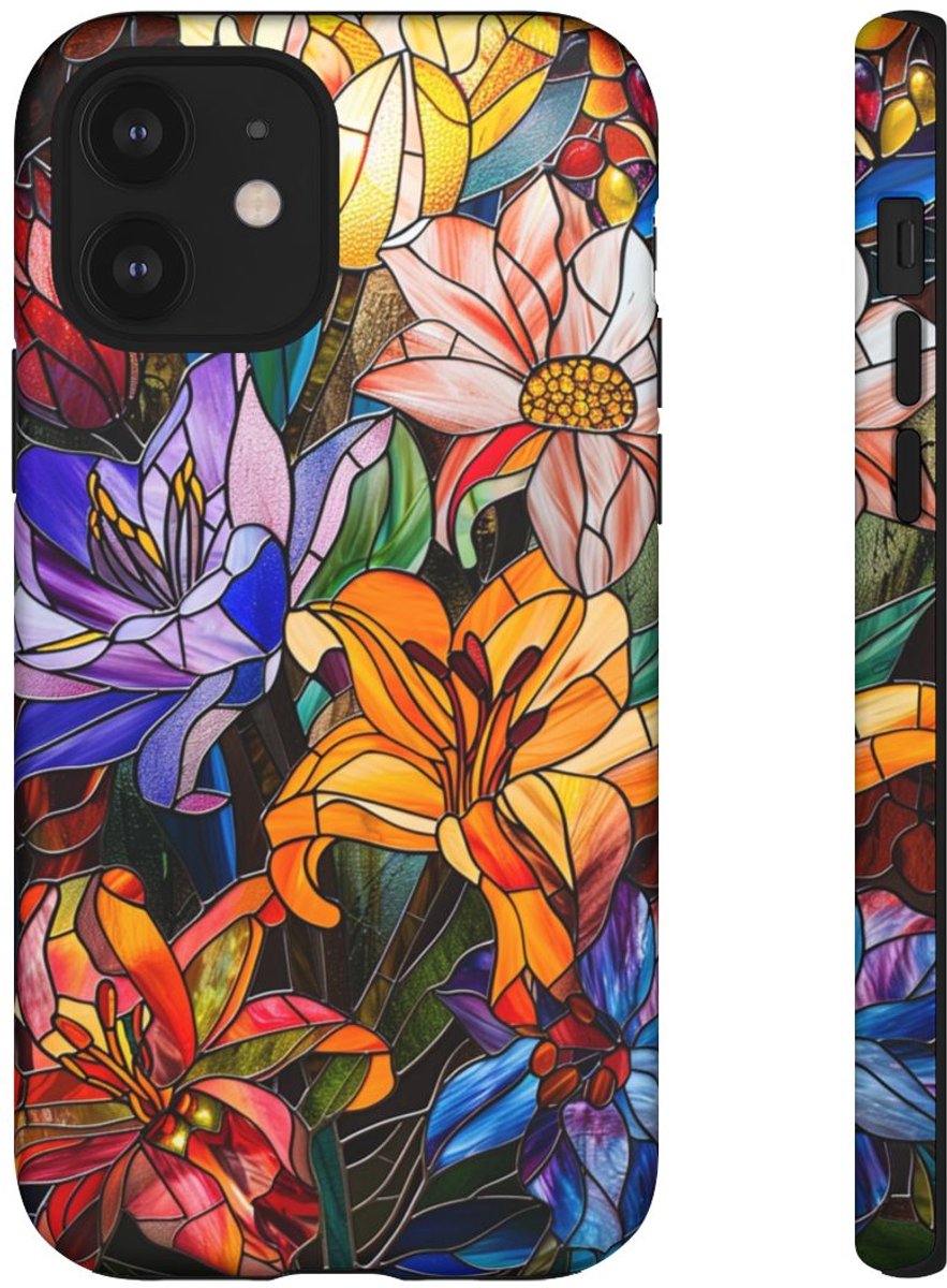 Levendig Gebloemd Glas-in-Lood Ontwerp – Telefoonhoesje Geschikt voor iPhone 12