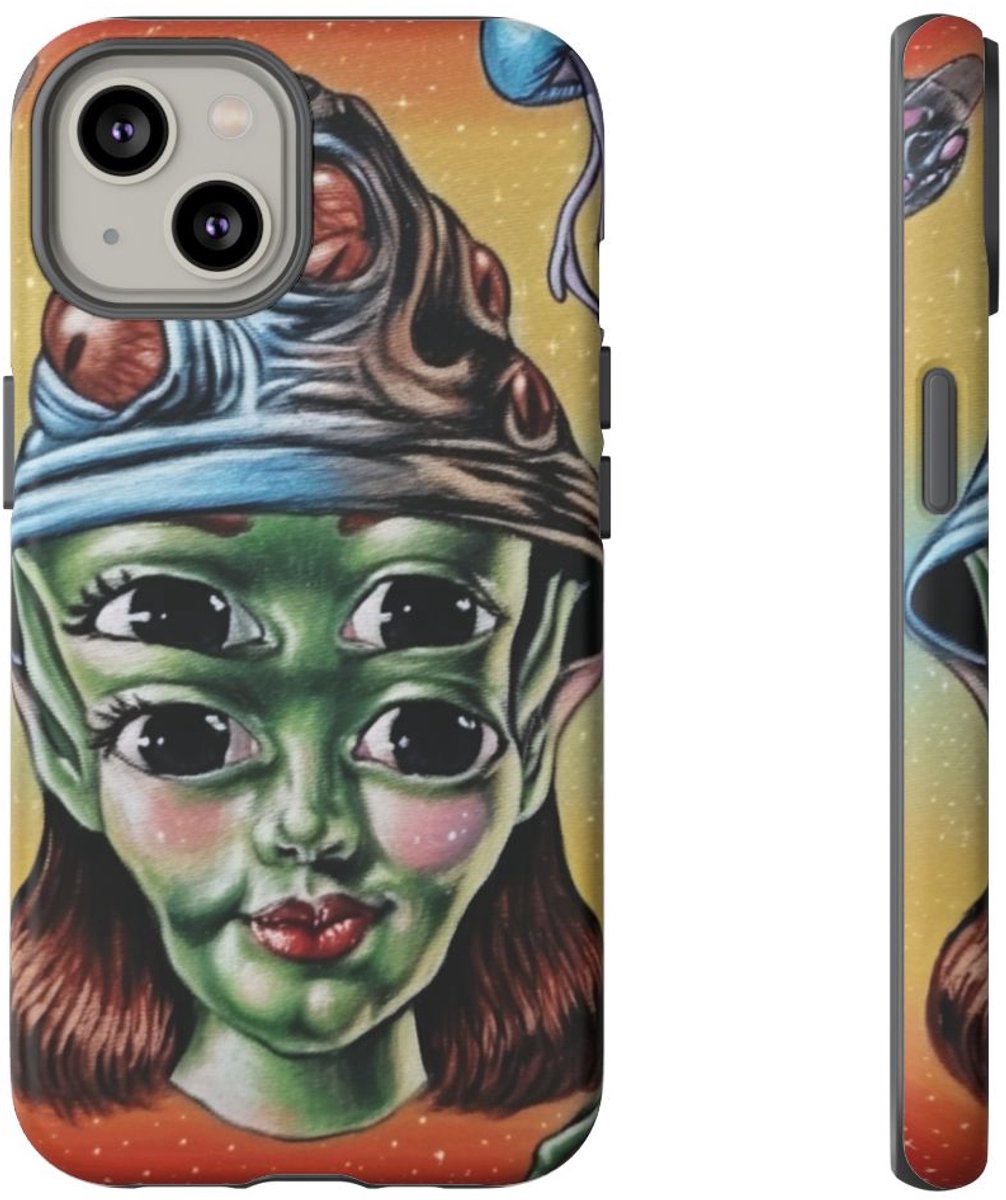 Vierogige Alien met Kosmische Elementen – Telefoonhoesje Geschikt voor iPhone 14