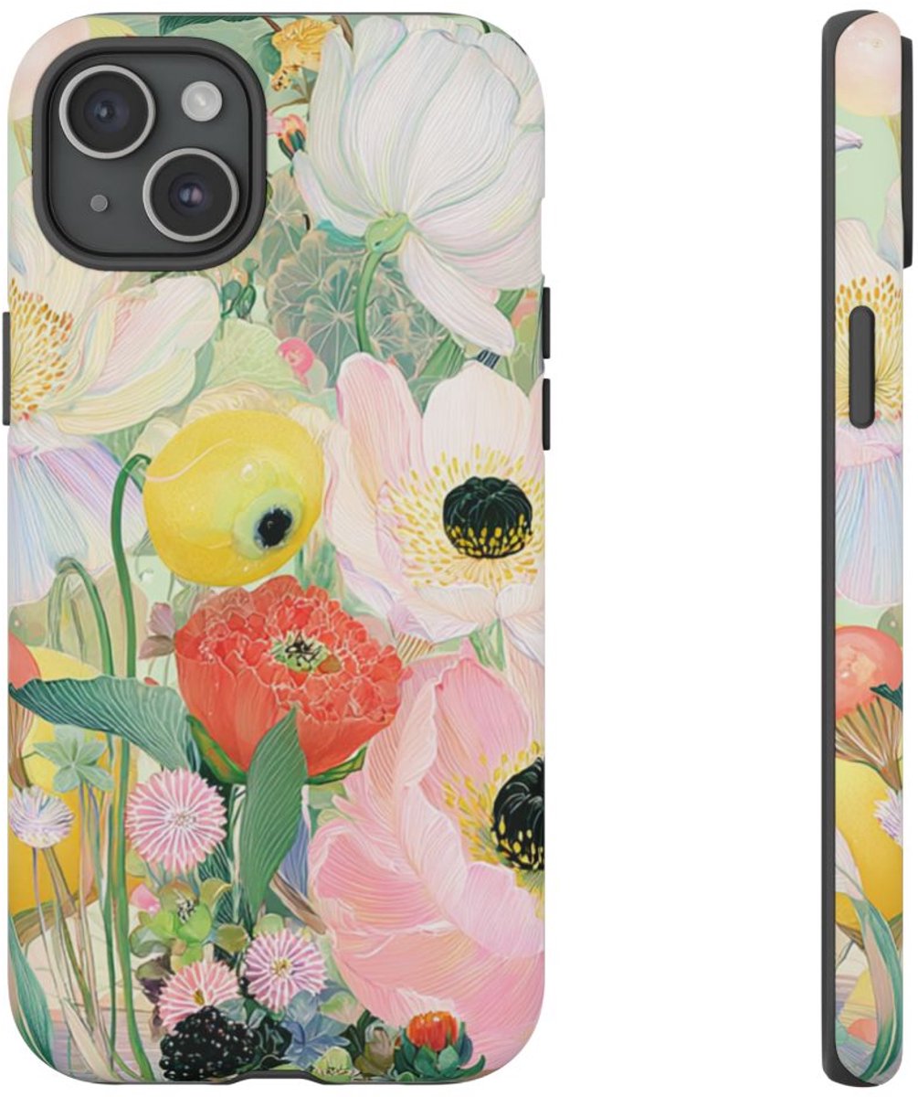 Lichte Pastelbloemen met Vogels – Telefoonhoesje Geschikt voor iPhone 15 Plus
