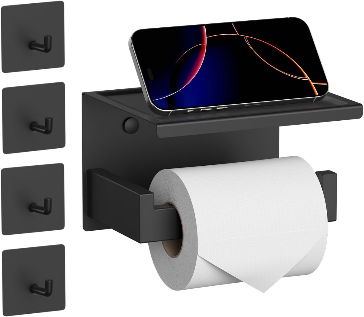 Ibenzoa® Stijlvolle Zelfklevende Toiletpapierhouder met Plank en Vier Handige Kleefhaken voor de Badkamer