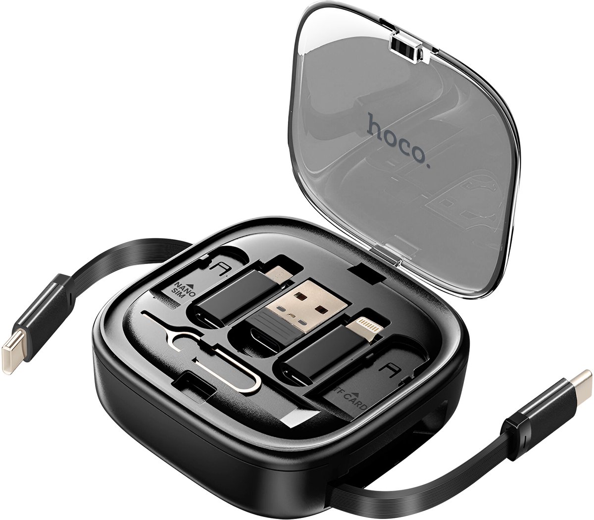 Hoco, USB-C 6-in-1 Rapid Charge 60W kabel met universele adapters, Zwart