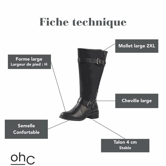 Zwarte laars met labels: 'Vorm wijd', 'Wijdte H', 'Comfortabele zool', 'Enkels wijd', '4 cm stabiele hak', 'Kuit wijd 2XL'.