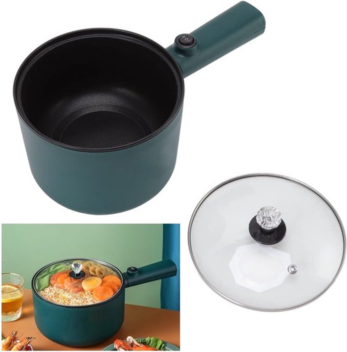 Afbeelding 3 van Coopi – Elektrische Kookpot 1.8L – Keramische Anti-aanbaklaag, 2 Temperatuurstanden, 6 Kookfuncties, Groen – Met Lange Handgreep & Complete Accessoireset