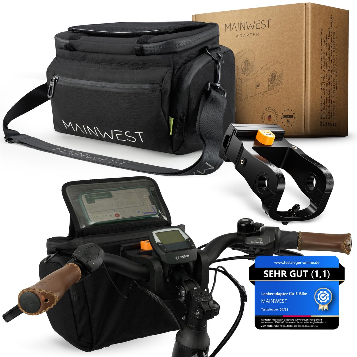 MAINWEST stuurtas voor fietsen - incl. stuuradapter voor e-bikes - Airtag fietsopberging - stuurtas voor e-bikes - uitneembaar vak voor mobiele telefoon - 6,5 liter fietstas voor op het stuur (zwart)