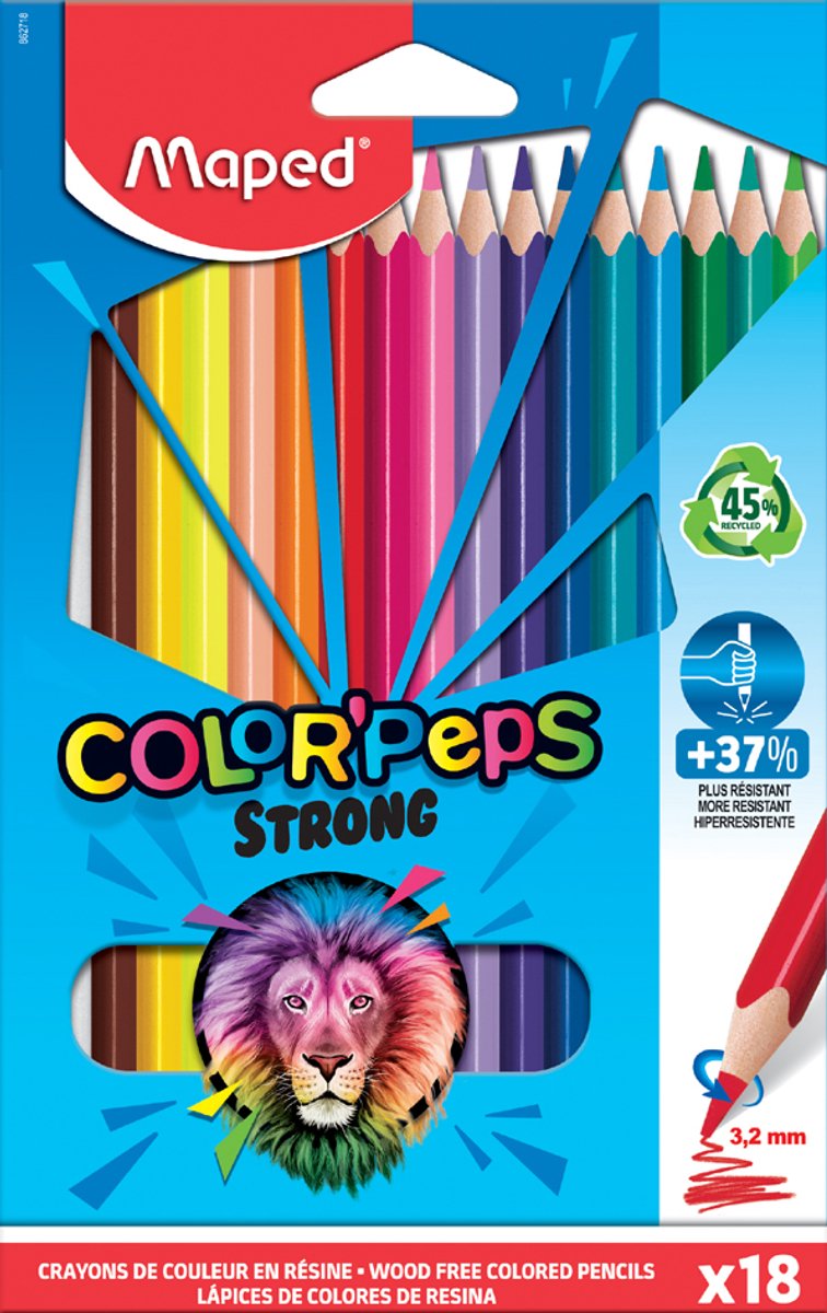 Maped driehoekige kleurpotloden COLOR'PEPS STRONG, 18 in kartonnen doosje