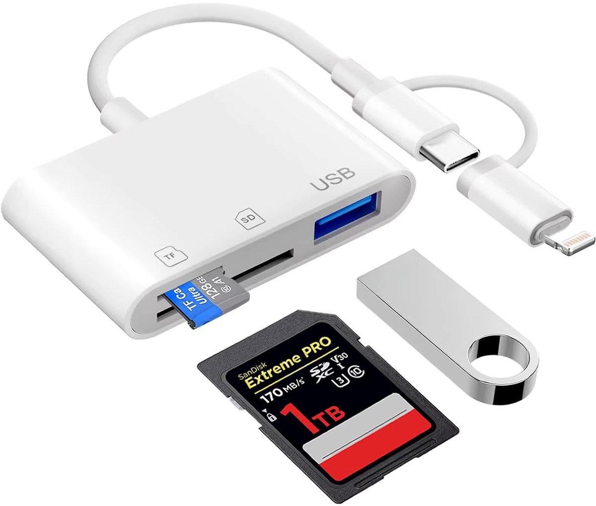 Ibley Plus 3-in-1 SD Kaartlezer - Lightning & USB-C - Micro SD/SD/USB 3.0 - iPhone & iPad & Mac