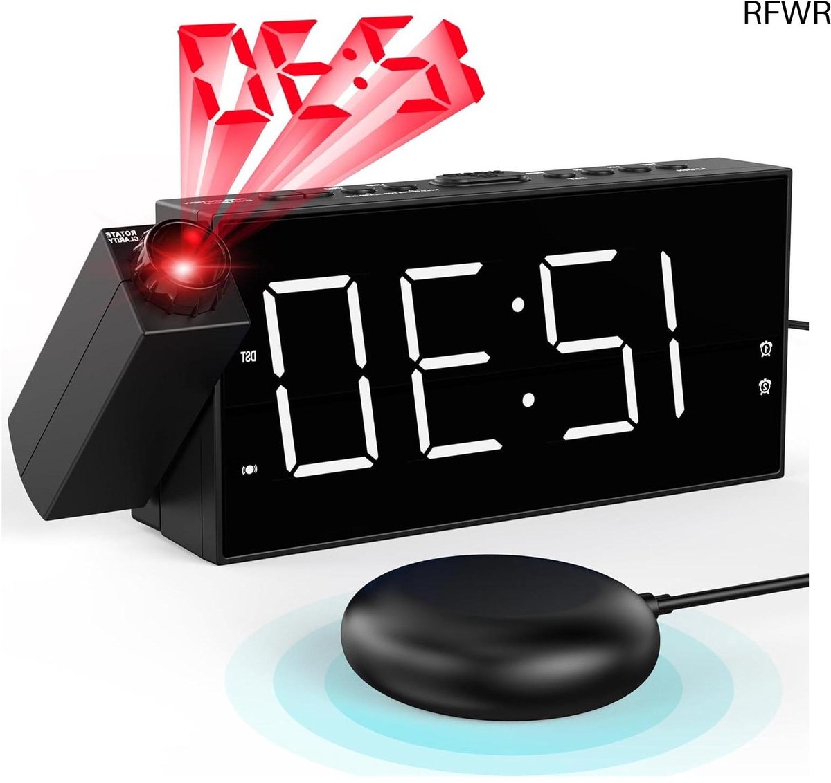 RFWR® Digitale wekker met projectie en bed shaker - Slimme wekker met snooze, dubbele alarmen en USB-laadpoort