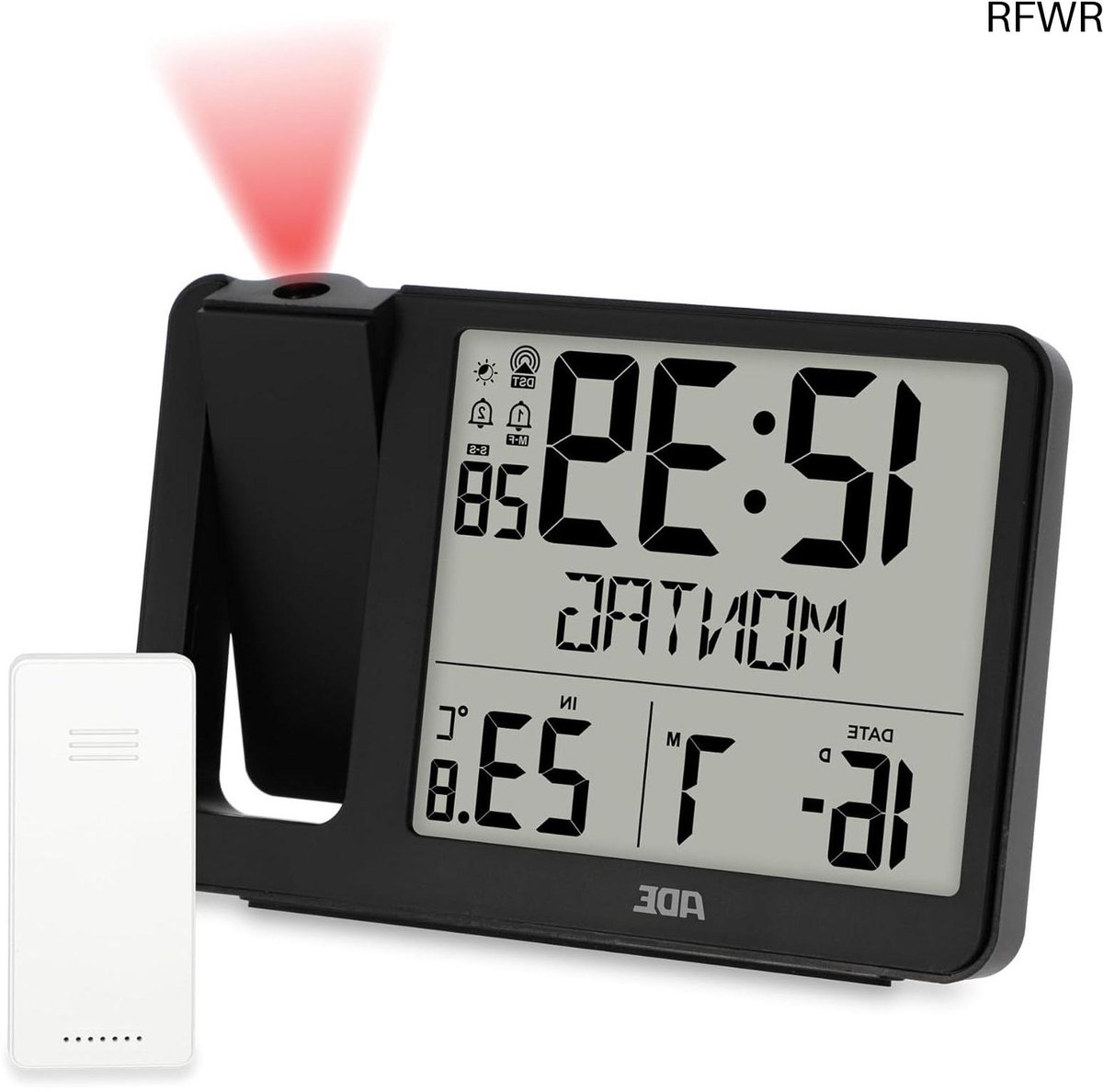 RFWR® Digitale radiogestuurde wekker met projectie en buitensensor | Draadloze wekker met 2 alarmtijden en temperatuurweergave | Slimme functies en heldere display
