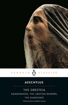 Boekomslag van 'The Oresteia' door Aeschylus, met een gezicht bedekt door een gaasdoek.