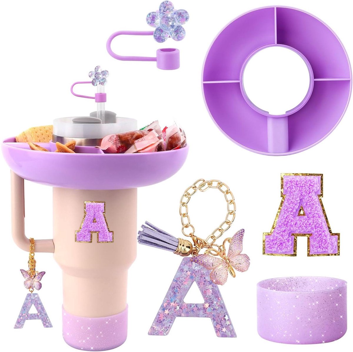 Snackschaalset voor onderweg - Handige snackorganizer voor herbruikbare snacks in 4 vakken - Ideaal voor kantoor, auto en onderweg - Compatibel met Stanley Cup accessoires