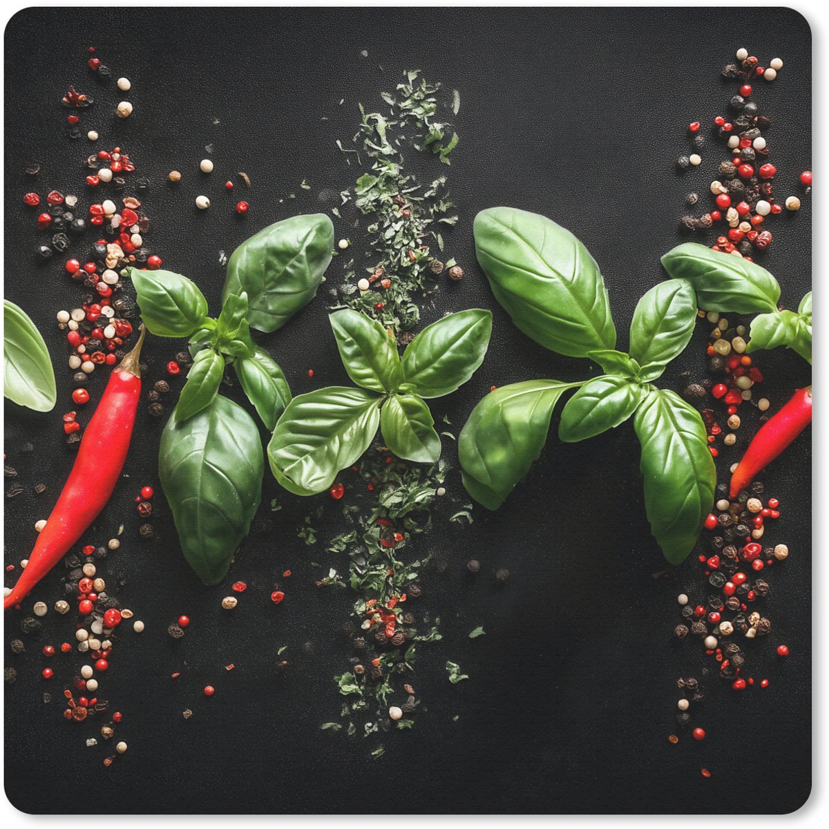 Muismat 30x30 cm - Mousepad Chilipepers - Basilicum - Blaadjes - Rood - Muismatten