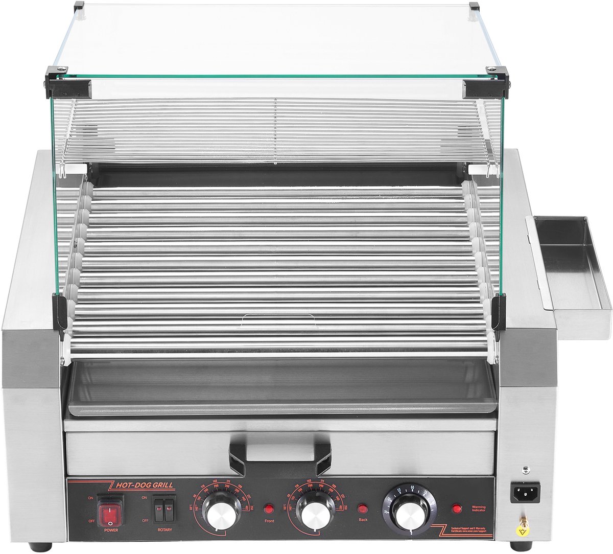 Elektrische Hotdoggrill van 2400 W met 11 Roestvrijstalen Rollen, Broodjesrek, Glazen en Pc-Deksel, Drie Temperatuurregelaars, Opbergvak Aan de Zijkant en Lekbak