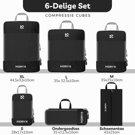 Set de 6 Cubes d'emballage Noryx - Avec fermeture éclair de compression - Set pour valise et sac à dos - Compression de voyage - Rangement pour sièges-auto de bagages - Cube de compression Vêtements