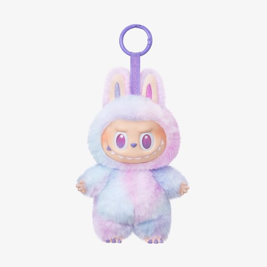 Sleutelhanger met konijnfiguur, pastelkleuren (paars, blauw, roze), zachte vacht, grote ogen, witte tanden.