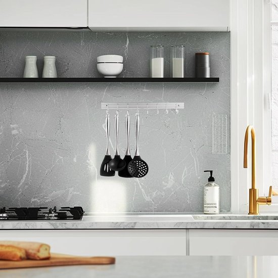 Haaklijst Voor De Keuken, 40 Cm, Keukenhouder Zonder Boren, Met 7 Afneembare Haken Aluminium Keukenhakenlijst Mat Oppervlak Zwart
