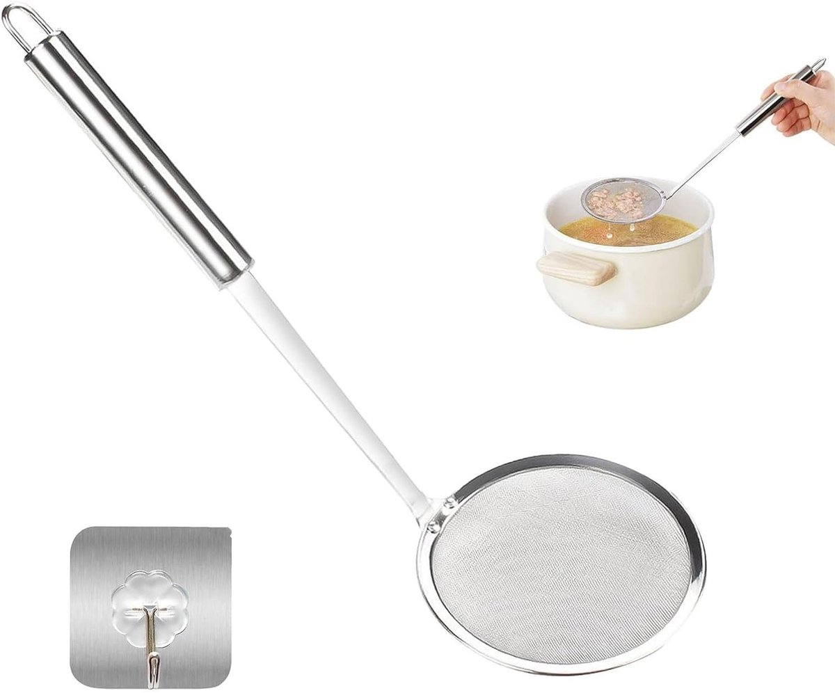 Fijnmazige roestvrijstalen zeef 10 cm - Keukenzeef voor meel en sap - 100 mazen - Matcha zeef - Schuimspaan met haken - Filteren van fijne metalen.