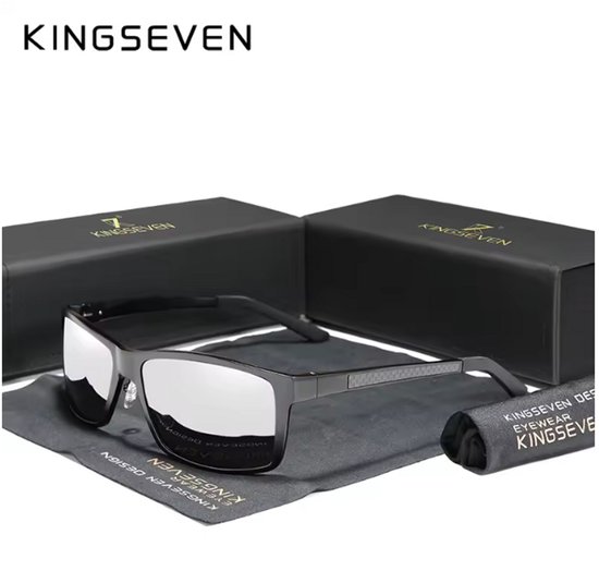 KINGSEVEN Zonnebril 7021 - Zwart-Zilverkleurig – Heren - Vrouwen - Gepolariseerd - UV400 - Rechthoek