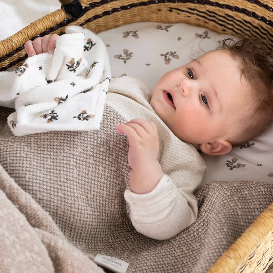 Baby in een mandje met een bruin gebreide deken, crèmekleurige longsleeve en bijpassende spuugdoekjes.