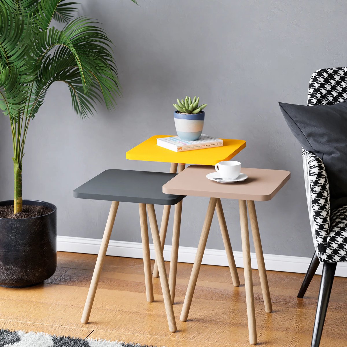 ROSA - Salontafelset - Bijzettafel Set van 3 - Nestbare - Nesttafels - Houten Poten - Gemengde kleur - Geel - Licht bruin - Cappuccino