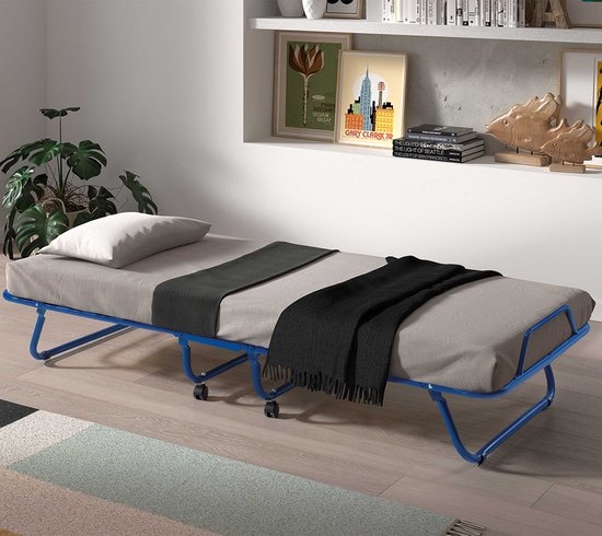 Lit pliant + matelas Safari 80x190 - Rousseau - Lits enfant en bois - Bleu - Bois|Cuir synthétique|Panneaux de particules - Lits enfant en bois
