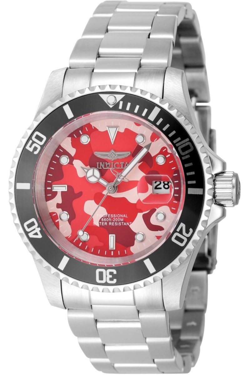 Invicta Pro Diver 48568 Heren Horloge - Waterdicht - Analoog - Quartz Uurwerk - Roestvrij Staal met rode Wijzerplaat - 40mm