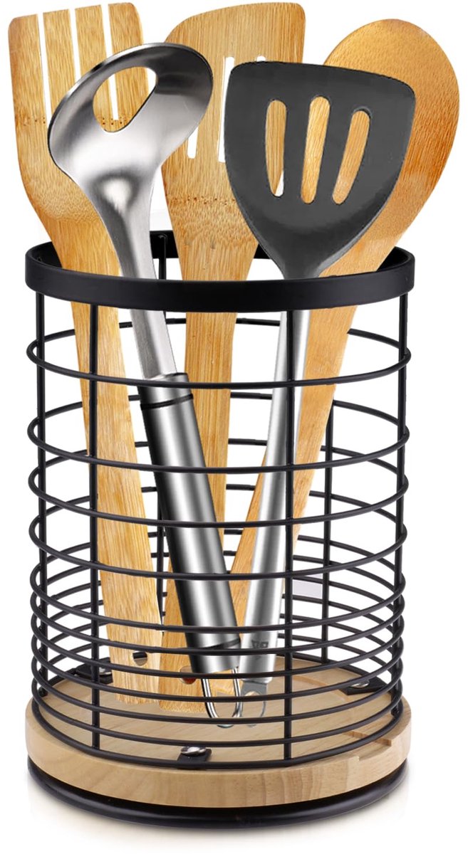 Ibenzoa® Zwarte Draaibare Keukengereihouder met Open Design en Houten Basis, 13,5 x 18,6 cm