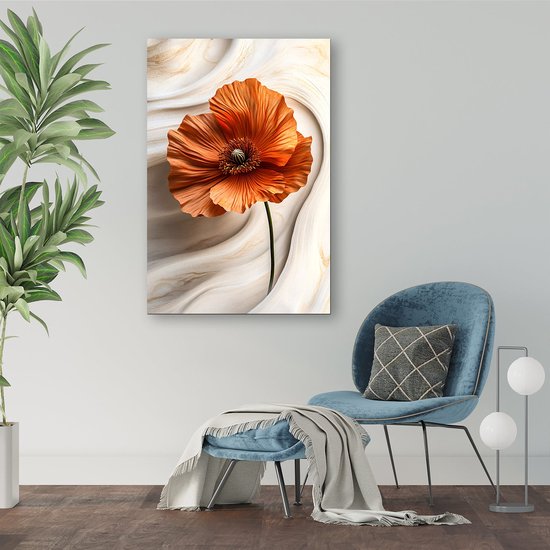 Gedetailleerde oranje papaverbloem - Bloem schilderijen glas - Muurdecoratie papaver - Hyperrealisme - Schilderij plexiglas - Decoratie kamer - Glasschilderij 30x45 cm