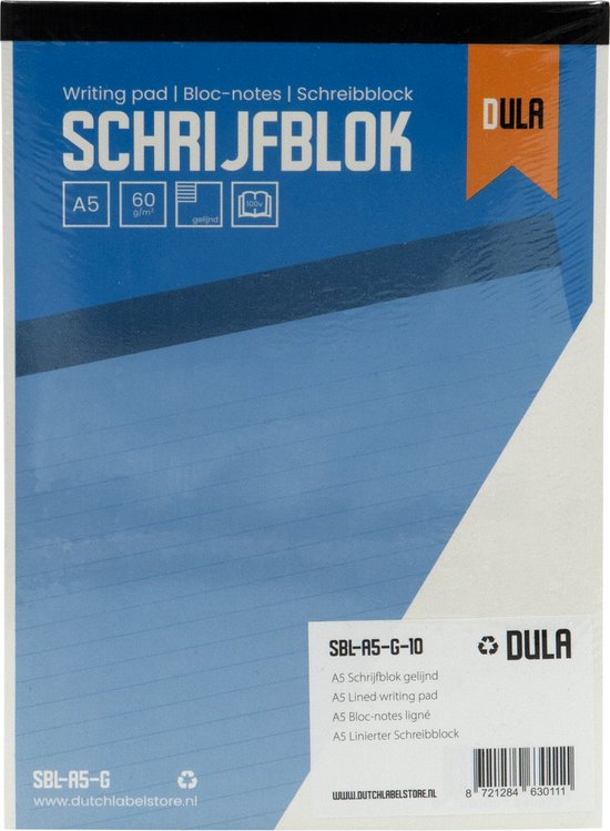 Schrijfblok A5 formaat met lijn 100 vel - Notitieblok gelinieerd - 60 grams papier - 10 stuks - DULA