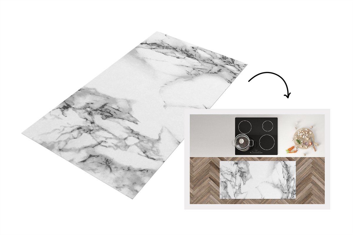 KitchenYeah Keukenloper 120x60 cm - Keukenmat vinyl Marmer - Steen - Wit - Grijs - Zwart - Marmerlook - Keukenmatten loper - Keuken vloerkleed tapijt Marmer Wit
