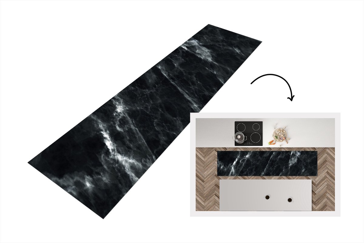 KitchenYeah Keukenloper 200x50 cm - Keukenmat vinyl Marmer - Zwart - Luxe - Keukenmatten loper - Keuken vloerkleed tapijt