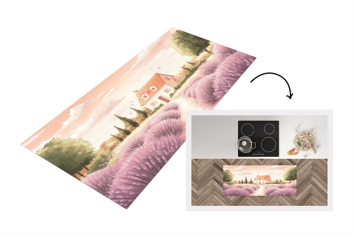 KitchenYeah Keukenloper 120x50 cm - Keukenmat vinyl Lavendelveld - Huis - Paars - Keukenmatten loper - Keuken vloerkleed tapijt Huisjes - Lavendel