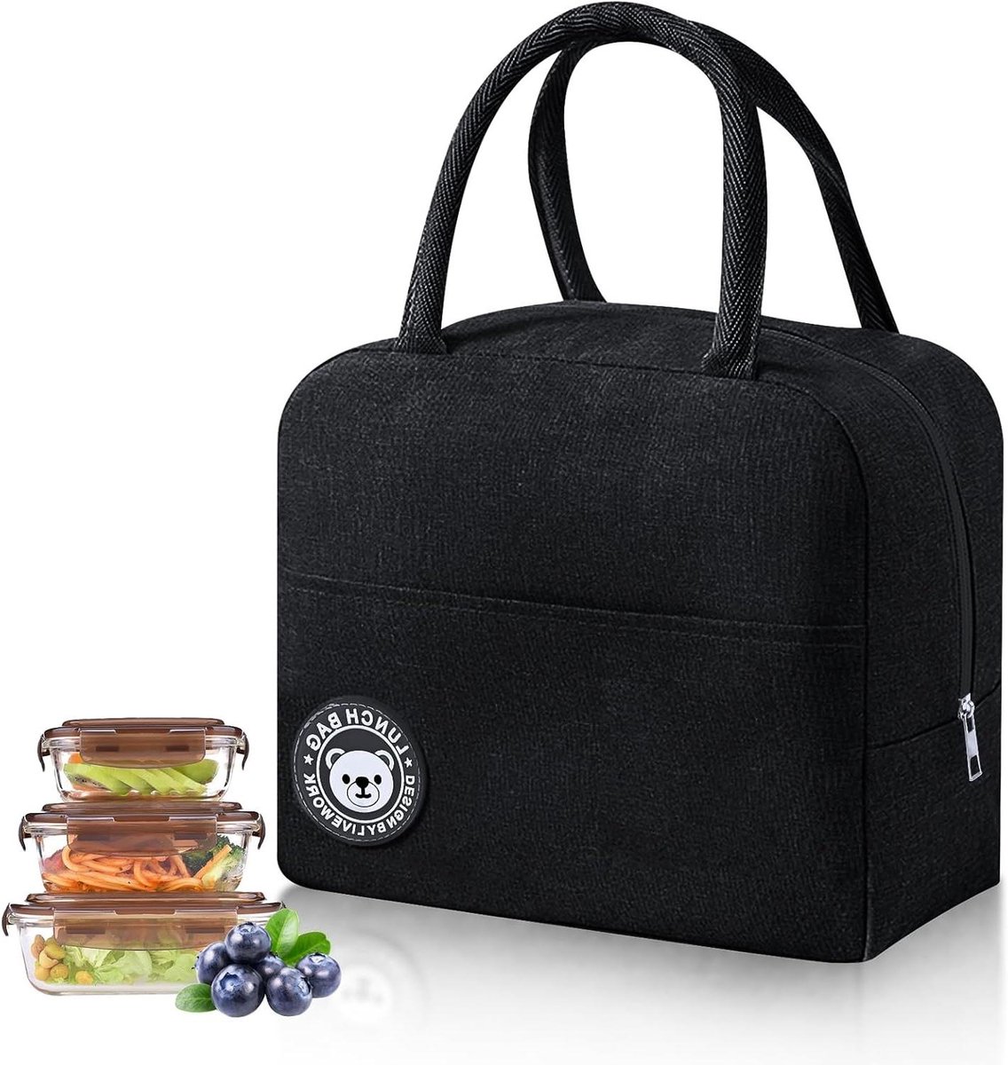 Geïsoleerde lunchtas - Klein, waterdicht en draagbaar - Voor volwassenen, kinderen, school, kantoor en picknick (zwart)