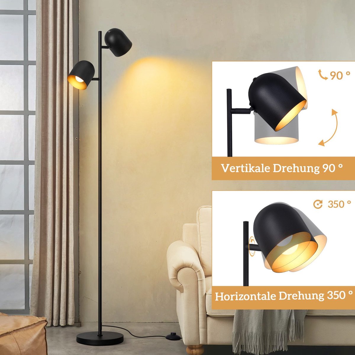 NETTLIFE Vloerlamp E14 - 2-lichts, zwart/goud, draaibaar thumbnail 4