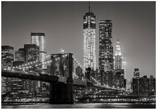 Zwart-wit fotobehang van de skyline van New York met de Brooklyn Bridge, verlicht in de nacht.